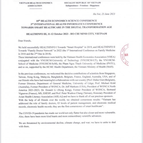 本會張理事長將於10月11-12日應越南健康經濟學會邀請，代表本會參加數所越南頂尖大學聯合舉辦的2023年第三屆健康資訊HealthINFO III 國際會議。